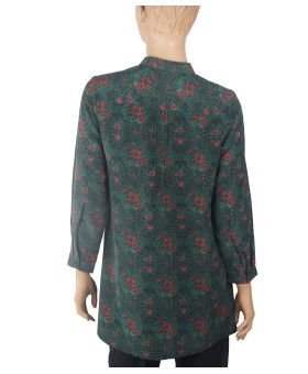 Long Silk Shirt - Deep Green Base With Small Pink Flowers