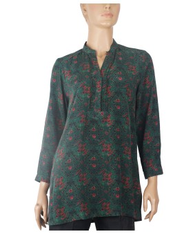 Long Silk Shirt - Deep Green Base With Small Pink Flowers