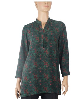 Long Silk Shirt - Deep Green Base With Small Pink Flowers