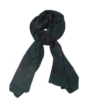 Crepe Silk Scarf - Deep Green Base With Small Pink Flowers