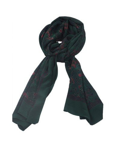 Crepe Silk Scarf - Deep Green Base With Small Pink Flowers