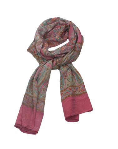 Crepe Silk Scarf - Pink Paisley And Flowers