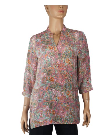 Short Silk Shirt - Pink Paisley And Flowers 