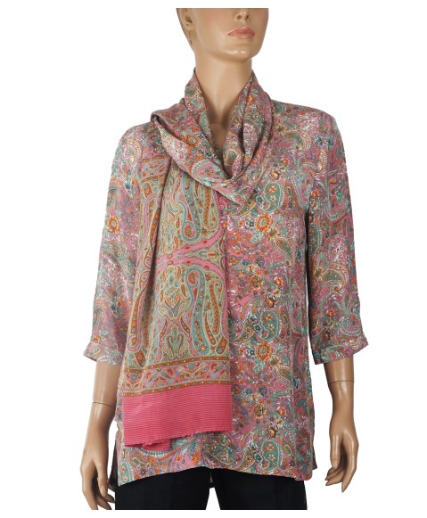 Short Silk Shirt - Pink Paisley And Flowers 