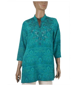 Antique Silk Kurti - Aqua Blue Paisley