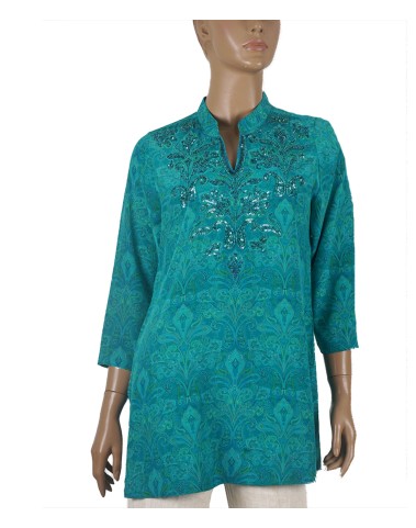 Antique Silk Kurti - Aqua Blue Paisley