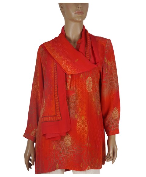 Long Silk Shirt - Red Base Golden Patch Long Silk Shirt - Red Base Golden Patch