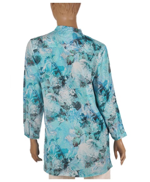Long Silk Shirt - Sky Blue Floral Long Silk Shirt - Sky Blue Floral