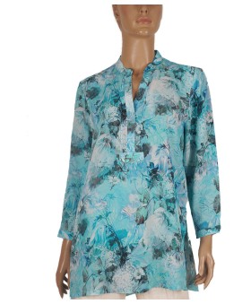Long Silk Shirt - Sky Blue Floral