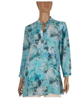 Long Silk Shirt - Sky Blue Floral