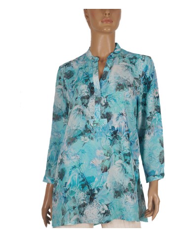 Long Silk Shirt - Sky Blue Floral Long Silk Shirt - Sky Blue Floral