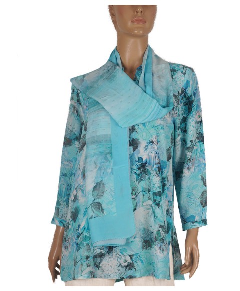 Long Silk Shirt - Sky Blue Floral Long Silk Shirt - Sky Blue Floral