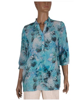 Short Silk Shirt - Sky Blue Floral 