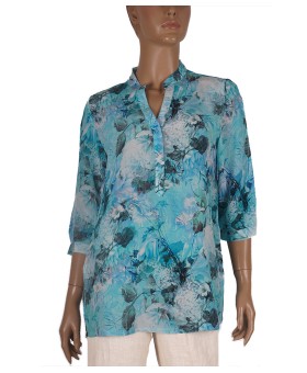 Short Silk Shirt - Sky Blue Floral 