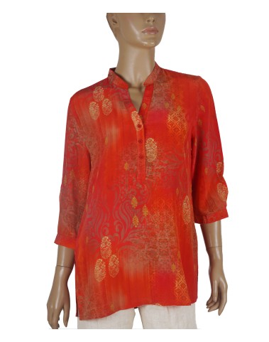Short Silk Shirt - Red Base Golden Patch