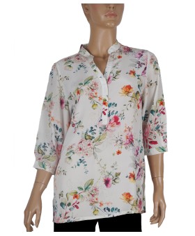 Short Silk Shirt - Pretty Floral On White Base