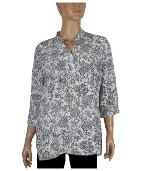 Short Silk Shirt - Black And White Flowers