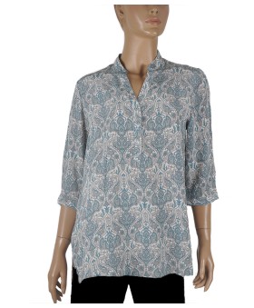 Short Silk Shirt - Blue And Grey Ethnic