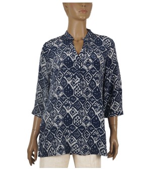 Short Silk Shirt - Blue And White Abstract