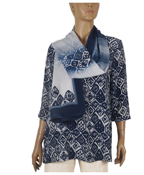 Short Silk Shirt - Blue And White Abstract