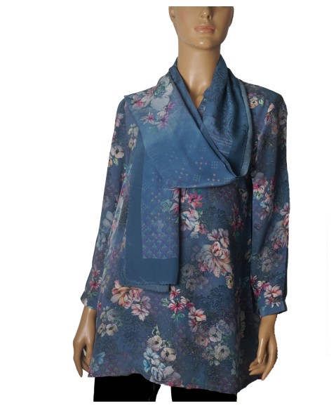 Long Silk Shirt - Indigo Garden Long Silk Shirt - Indigo Garden