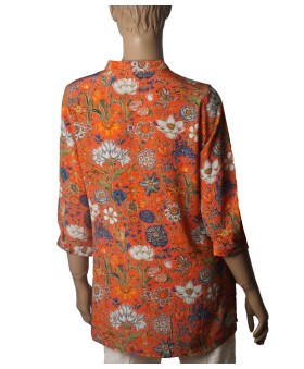 Short Silk Shirt - White Flowers On the Orange Base
