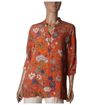 Short Silk Shirt - White Flowers On the Orange Base