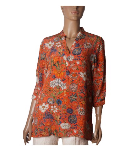 Short Silk Shirt - White Flowers On the Orange Base