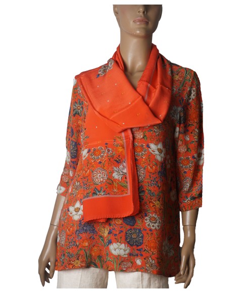 Short Silk Shirt - White Flowers On the Orange Base Short Silk Shirt - White Flowers On the Orange Base