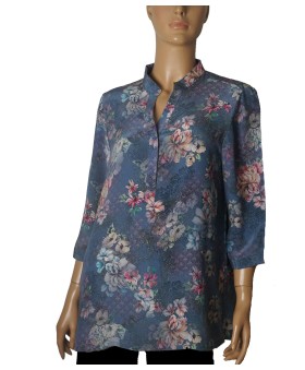 Short Silk Shirt - Indigo Garden