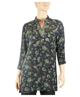 Antique Silk Kurti - Green Floral On The Black Base