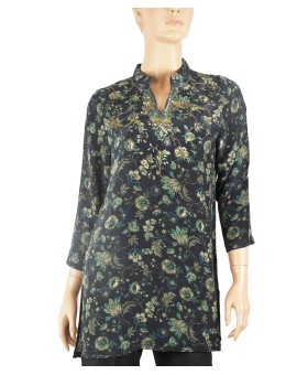 Antique Silk Kurti - Green Floral On The Black Base