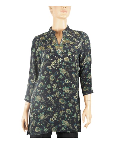 Antique Silk Kurti - Green Floral On The Black Base