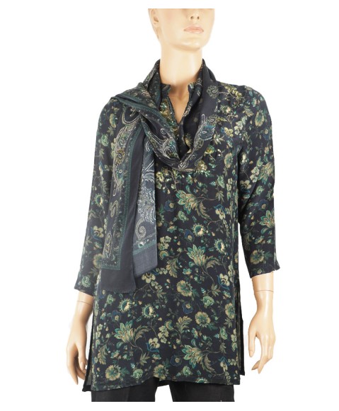 Antique Silk Kurti - Green Floral On The Black Base
