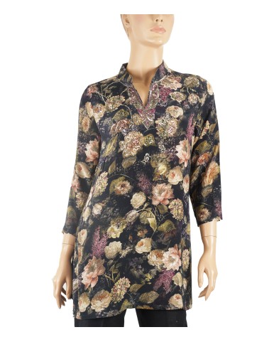 Antique Silk Kurti - Big Beige Floral