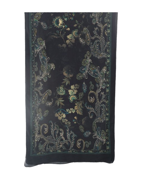 Crepe Silk Scarf - Green Paisley And Floral With Black Base