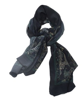 Crepe Silk Scarf - Green Paisley And Floral With Black Base