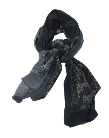 Crepe Silk Scarf - Green Paisley And Floral With Black Base