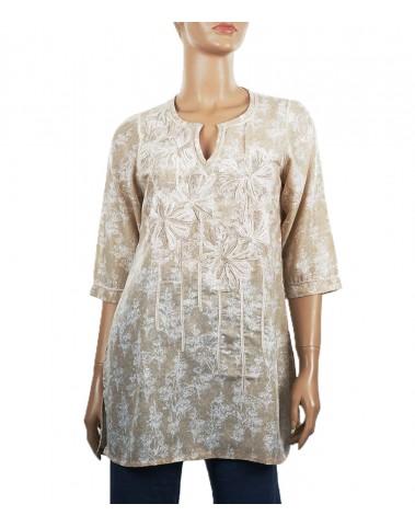 Embroidered Casual Kurti - Beige Flower Embroidery