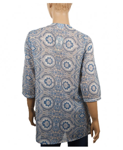 Embroidered Casual Kurti - Blue and Cream Abstract 