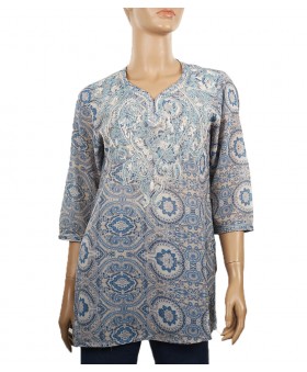 Embroidered Casual Kurti - Blue and Cream Abstract 