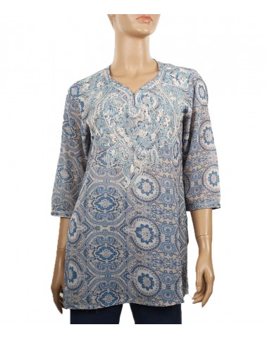 Embroidered Casual Kurti - Blue and Cream Abstract 