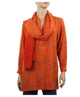  Long Silk Shirt - Orange And Rust Patch