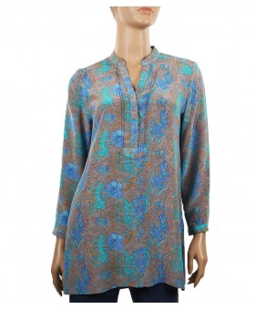  Long Silk Shirt - Blue Flowers