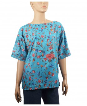 Casual Kurti - Flowers On Fluorescent Blue
