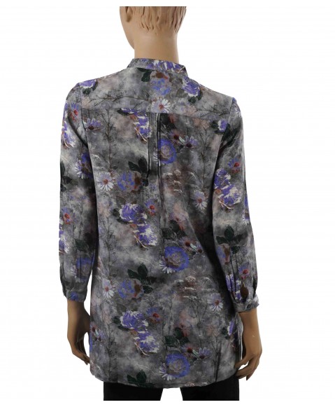 Long Silk Shirt - Purple Flowers On Grey