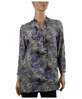 Long Silk Shirt - Purple Flowers On Grey