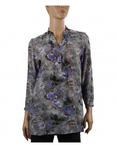 Long Silk Shirt - Purple Flowers On Grey