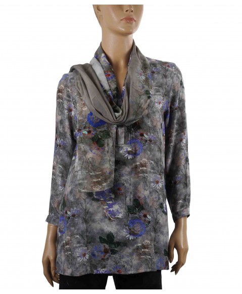 Long Silk Shirt - Purple Flowers On Grey