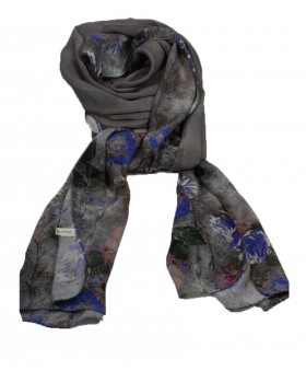 Crepe Silk Scarf - Purple Flowers On Grey